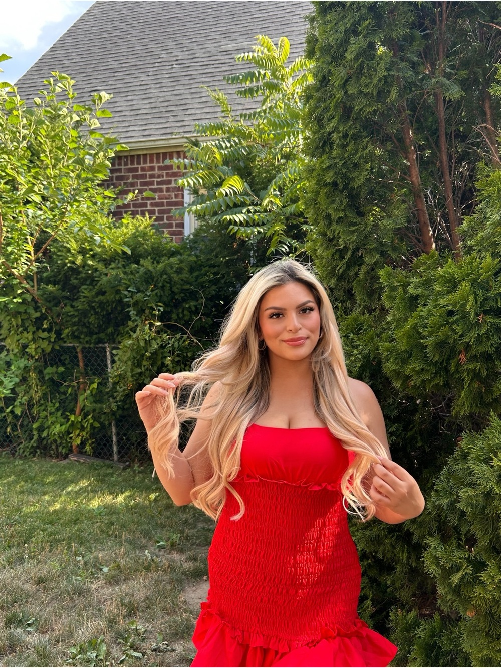 PrettyLittleThing Red Smocked Ruffle Hem Dress